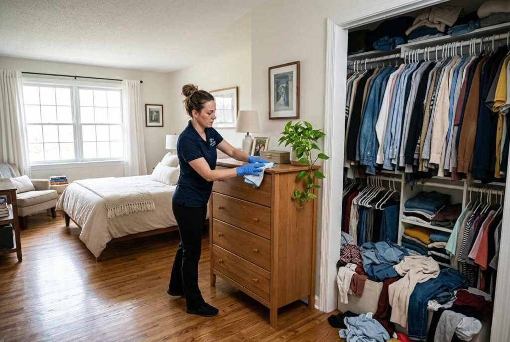 <p> Cleaning and organizing are not the same thing. Your cleaner may tidy surfaces so they can dust effectively, but they are not typically responsible for sorting your paperwork, folding your clothes, or reorganizing your pantry. Professional organizing is its own service and often requires detailed decision-making about what to keep, donate, or discard. If clutter is a concern, you might consider hiring a professional organizer in addition to a cleaning service. </p> :: Gemini