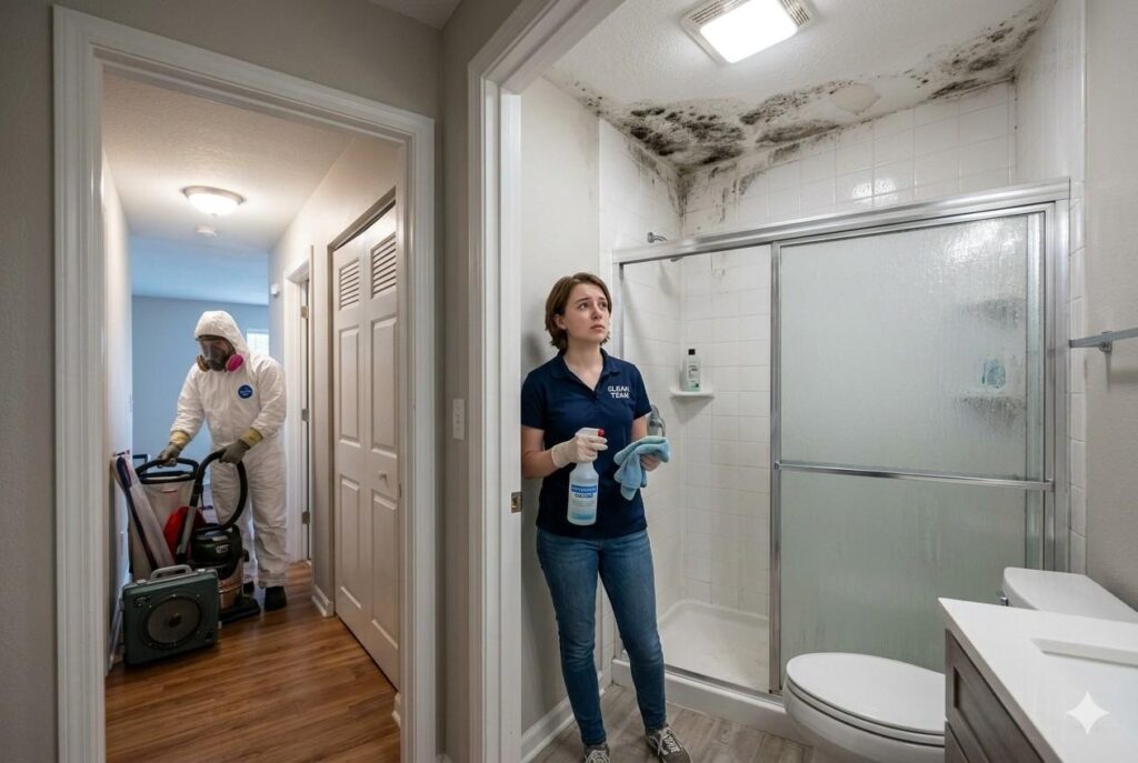 <p> A little mildew in the shower might get wiped away during a routine cleaning. However, visible mold growth on walls, ceilings, or behind surfaces is another story. Mold remediation is a specialized service that involves protective gear, containment procedures, and sometimes removal of building materials. Professional cleaners typically avoid these situations because of health risks and liability concerns. If you see widespread mold, especially in damp areas like basements, it is best to call a certified remediation professional. </p> :: Gemini