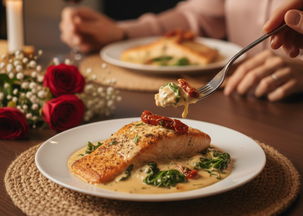 1. Marry Me Salmon With Creamy Tuscan Sauce <p> This dish has become a modern classic for romantic dinners, and it earns its reputation. Tender salmon fillets simmered in a creamy garlic sauce with sun-dried tomatoes and spinach create a rich, restaurant-quality meal that feels indulgent without being heavy. The flavors are bold yet balanced, making it a great choice for couples who want something impressive that still feels nourishing. Best of all, it comes together quickly, leaving you more time to enjoy the evening instead of standing over the stove. </p> :: Gemini
