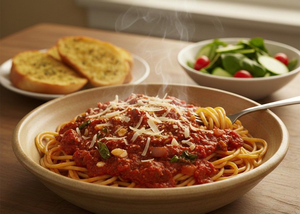 1. Classic Spaghetti with Homemade Tomato Sauce <p> Spaghetti is a weeknight hero for a reason. A single box of pasta can feed several people, and canned tomatoes are inexpensive year-round. Simmer crushed tomatoes with sautéed garlic, onion, olive oil, salt, and a pinch of sugar to balance the acidity. Let it cook until thick and fragrant, then toss with hot pasta and finish with grated cheese if you have it. This dish feels cozy and familiar, yet it costs just a few dollars per serving. Add a side salad or some toasted bread, and dinner is handled without a second thought. </p> :: Gemini