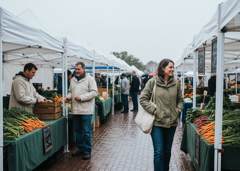 <p> It might seem counterintuitive, but visiting a farmers market on a rainy, hot, or chilly day can actually pay off. Fewer shoppers mean vendors are more willing to negotiate and offer deals to ensure they sell their produce rather than take it home.

Dressing appropriately for the weather allows you to take advantage of quieter market conditions and sometimes lower prices. You may find yourself walking past long lines of midday shoppers and enjoying a more relaxed, peaceful experience while discovering unexpected bargains. Sometimes a little drizzle or an early morning chill can be the perfect opportunity to get the best harvest deals. </p> :: Gemini