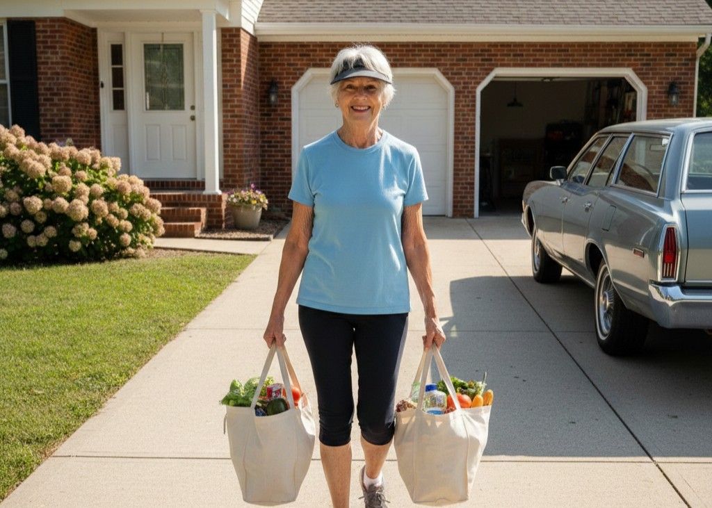 <p> The Farmer's Carry may sound fancy, but it is essentially a functional exercise that mimics carrying everyday items. Hold a pair of light weights, or even filled water bottles, at your sides. Stand tall, engage your core, and walk slowly while maintaining good posture.

This move strengthens your grip, core, shoulders, and legs. It also improves balance and stability, which are critical for preventing falls and navigating your home and neighborhood safely. You can use this exercise in many practical ways, like carrying groceries from the car, moving laundry baskets, or holding a toolbox while gardening. Over time, increase the distance or weight to keep challenging your muscles. The Farmer's Carry is functional, simple, and incredibly practical for daily life. </p> :: Gemini