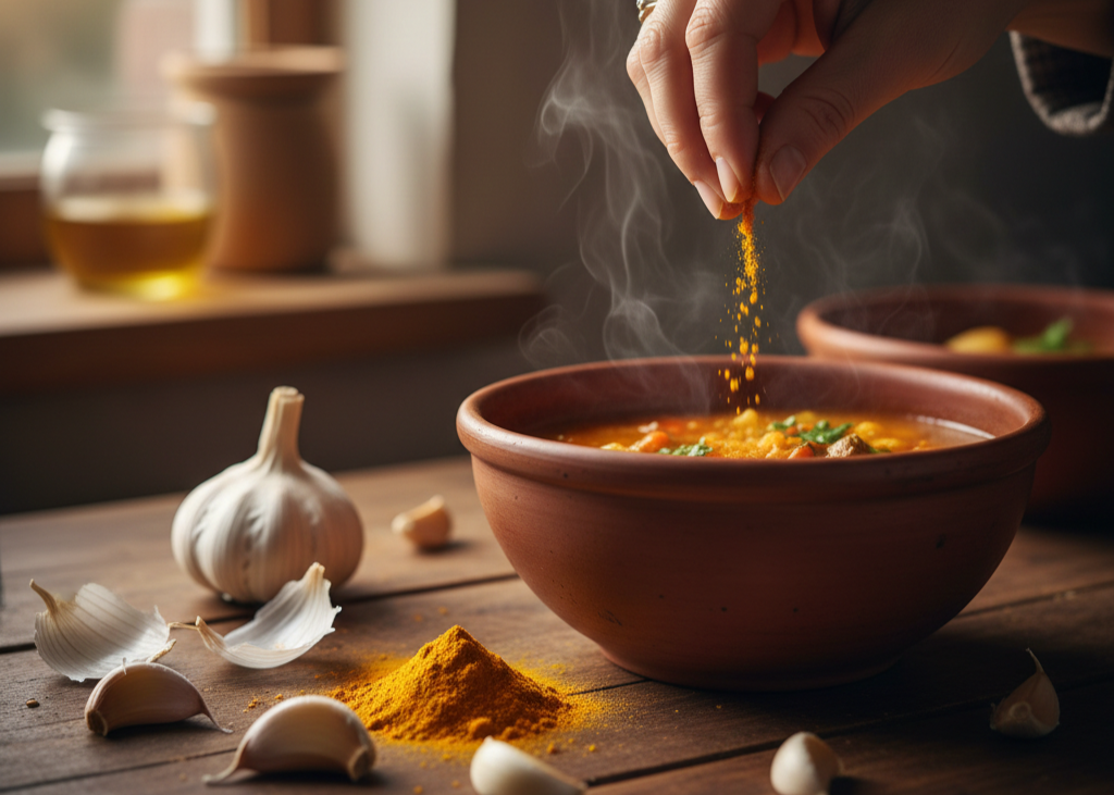 15. Spices with Benefits (Garlic, Turmeric) <p> Certain spices like garlic and turmeric offer remarkable benefits for heart health. Garlic supports circulation and helps reduce inflammation, while turmeric contains compounds that can protect blood vessels and improve overall cardiovascular function. Adding these spices to soups, stews, roasted vegetables, or sauces is a flavorful way to enhance your meals and support your heart at the same time. </p> :: Gemini