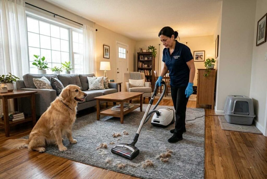 <p> Most cleaning professionals are happy to vacuum pet hair and wipe paw prints off the floor. However, cleaning up pet waste, litter boxes, or heavy pet-related messes is usually not included in standard service. Some companies may decline entirely if there is excessive pet waste present. If you have pets, it is helpful to handle litter boxes and accidents before the cleaning team arrives. </p> :: Gemini