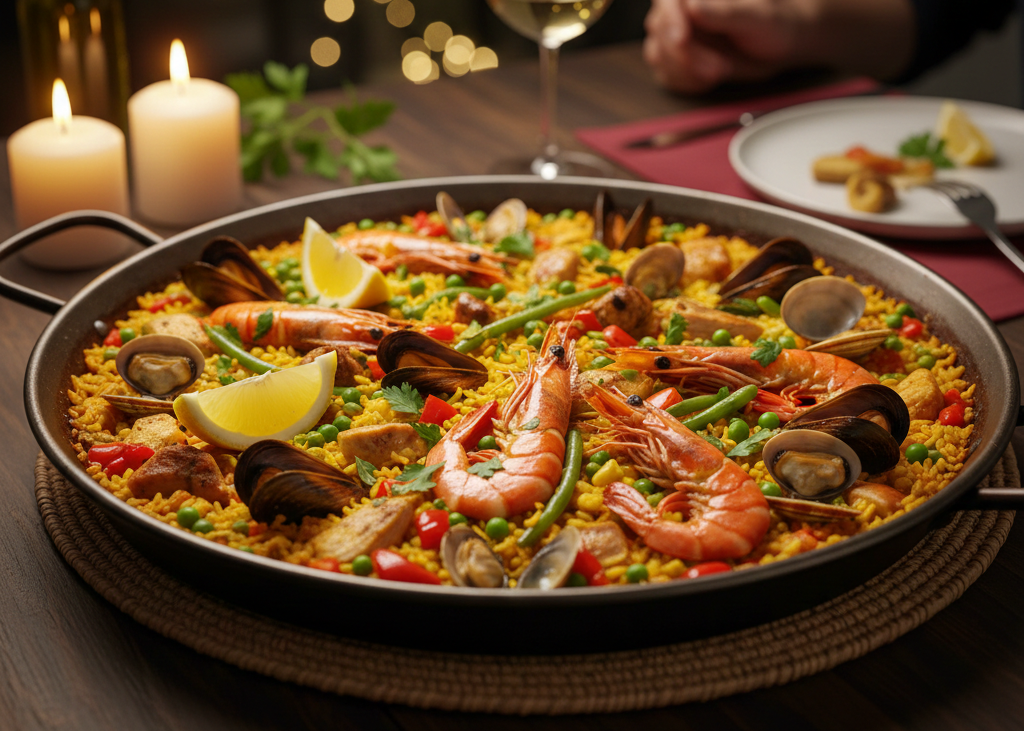 10. Cozy Paella for Two <p> Paella turns dinner into a shared celebration. The fragrant rice, warm spices, and combination of seafood, chicken, or vegetables create a dish that feels festive and comforting at the same time. Cooking paella encourages teamwork and conversation, making it a great choice for couples who enjoy interactive meals. It is a wonderful way to slow down, share from one pan, and end the evening feeling connected. </p> :: Gemini