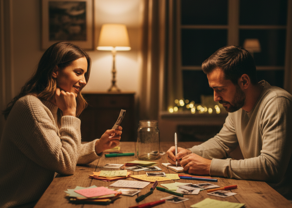 4. Make a Memory Jar or Scrapbook Together <p> Creating something sentimental together can be surprisingly powerful. A memory jar or scrapbook gives you a chance to reflect on moments that shaped your relationship. Write down favorite memories, inside jokes, or things you appreciate about each other and place them in a jar to revisit later.
If you prefer a scrapbook, include photos, notes, and small reminders of trips or milestones. This activity naturally sparks meaningful conversations and reminds you how far you have come together. It also leaves you with something tangible that lasts long after Valentine’s Day ends. </p> :: Gemini