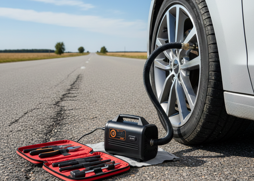 7. Tire Repair Kit and Inflator <p> Flat tires are a common cause of roadside emergencies, but they do not have to ruin your trip. A tire repair kit can temporarily seal small punctures, and a portable inflator allows you to get back on the road without calling for a tow. These tools are especially useful if you do not have a full-size spare or are in a location where help is far away. Knowing how to use your tire repair kit before an emergency happens will save time and frustration. </p> :: Gemini