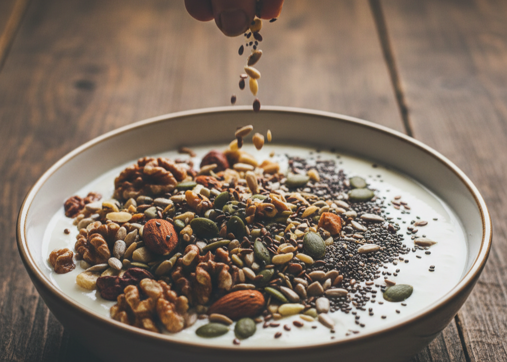 6. Nuts and Seeds (Almonds, Walnuts, Flaxseeds) <p> A handful of nuts or seeds can do wonders for your heart. They contain healthy fats, fiber, and essential micronutrients that support normal cholesterol levels and blood pressure. Walnuts, in particular, provide plant-based omega-3s, giving your heart an extra boost. Sprinkle them on oatmeal, yogurt, or salads, or enjoy them as a convenient snack. They are nutrient-dense, satisfying, and heart-smart all at once. </p> :: Gemini