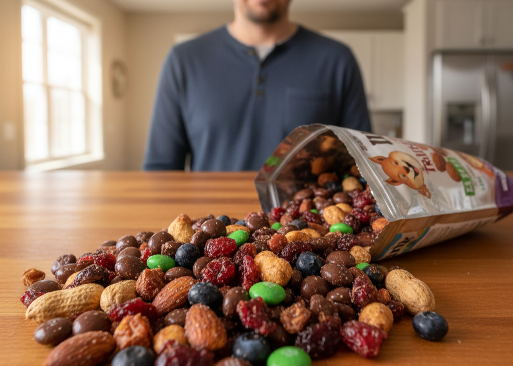 6. Store-Bought Trail Mix <p> Trail mix has a healthy reputation thanks to nuts, seeds, and dried fruit, but many pre-packaged versions quietly cross into dessert territory. Sweetened dried fruits, chocolate candies, and heavily salted nuts can turn a small handful into a calorie-dense snack that is easy to overeat. While trail mix can be nutritious, portion size and ingredients matter. Making your own mix with unsweetened dried fruit and plain nuts gives you the benefits without the hidden sugar and excess sodium. </p> :: Gemini