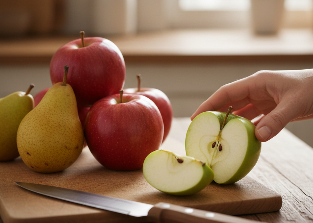 14. Whole Fruit (Apples, Pears) <p> Whole fruits like apples and pears are rich in fiber, vitamins, and antioxidants that promote heart health. They are convenient, portable, and make excellent snacks for busy days. Enjoy them fresh, sliced with nut butter, or baked with a sprinkle of cinnamon for a naturally sweet and heart-friendly treat. Eating a variety of whole fruits ensures you are nourishing your body while satisfying your taste buds. </p> :: Gemini