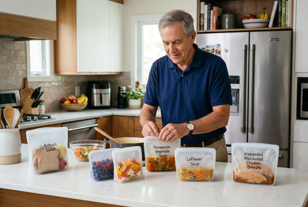 2. Reusable Silicone Food Storage Bags <p> If you have ever opened a kitchen drawer filled with half crumpled plastic sandwich bags, you know how quickly disposable bags can pile up. They are convenient, but they rarely last more than a single use before heading for the garbage.
Reusable silicone storage bags are changing that habit for many households. These sturdy bags are designed to handle almost anything your kitchen throws at them. They can go in the freezer, the microwave, and often even the dishwasher. That means you can use the same bag to freeze soup, store leftovers, pack a lunch, or marinate meat.
What makes them especially appealing is their durability. Unlike thin plastic bags that tear easily, silicone bags are thick and flexible. Many people use the same set for years. Over time that can replace hundreds of disposable bags. For baby boomers who value practicality and efficiency, these bags are an easy upgrade that quickly becomes a daily convenience. </p> :: Gemini