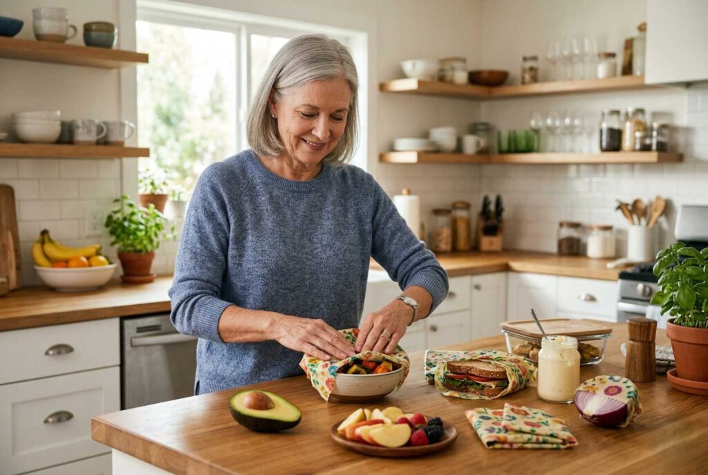 1. Beeswax Food Wraps <p> Plastic wrap has been a kitchen staple for decades, but it has always come with one annoying problem. You use it once and then it goes straight into the trash. Multiply that by years of leftovers, packed lunches, and covered bowls, and the amount of waste adds up quickly.
Beeswax food wraps offer a surprisingly simple alternative. These reusable wraps are made from cotton fabric coated with natural beeswax and plant oils. The result is a flexible sheet that softens slightly with the warmth of your hands and molds easily around bowls, plates, or pieces of food. Instead of tearing off a fresh sheet of plastic every time you need to cover something, you can wash the wrap in cool water, let it dry, and use it again.
Many people find that a single set of beeswax wraps lasts close to a year with regular use. They work beautifully for wrapping sandwiches, covering leftover fruit, or sealing a half-cut onion in the refrigerator. For baby boomers who remember when kitchens relied more on reusable materials, these wraps feel like a modern upgrade to a very familiar idea. They are simple, practical, and refreshingly low tech. </p> :: Gemini