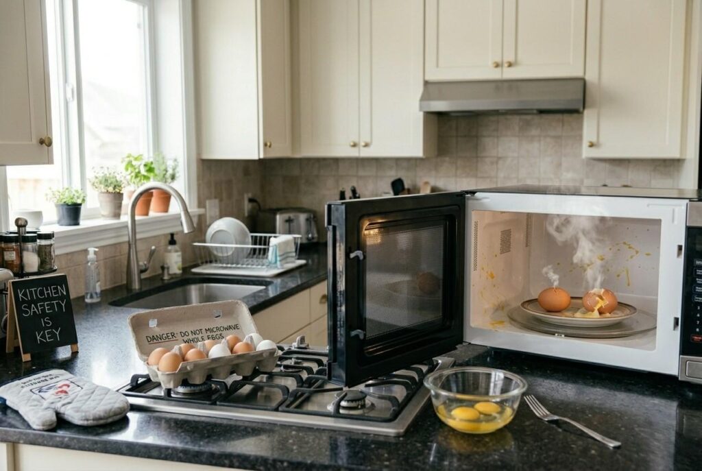 <p> Microwaving eggs in their shell is a recipe for disaster. When heated, the steam inside the shell has nowhere to escape, causing the pressure to build up until the egg bursts. This can leave a sticky, smelly mess in your microwave and even cause minor burns if the explosion catches you off guard. Instead, crack eggs into a microwave-safe bowl, poke the yolks with a fork, and heat them at a lower power in short intervals. This method cooks your eggs safely while preserving their texture and flavor. </p> :: Gemini
