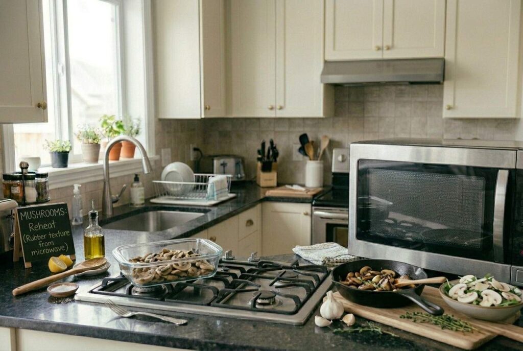 <p> Mushrooms are delicate, and microwaving them can alter their texture, making them rubbery and unappetizing. Beyond texture, microwaving may affect certain compounds in mushrooms, potentially causing digestive discomfort such as bloating or stomach upset. Some people are especially sensitive to reheated mushrooms, which is why they may notice discomfort even after a small portion. To preserve their flavor and avoid these issues, reheat mushrooms gently on the stove, or enjoy them cold in salads. This method helps maintain a better texture while also reducing the chance of an unpleasant reaction after eating. </p> :: Gemini