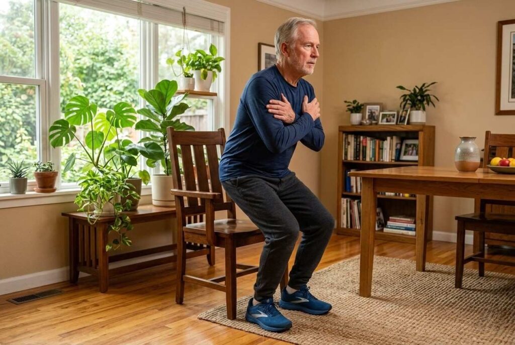 <p> One of the most practical exercises after 60 is something you already do every day: standing up from a chair. Practicing controlled sit to stand movements strengthens your thighs, hips, and glutes. These muscles are essential for climbing stairs, getting out of the car, and maintaining independence. To do this safely, sit in a sturdy chair, cross your arms over your chest if possible, and stand up slowly before sitting back down with control. Start with a few repetitions and build up gradually. It may look simple, but it delivers serious benefits. </p> :: Gemini