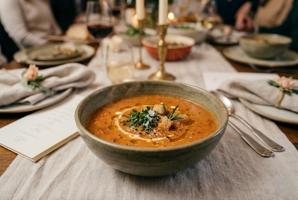 <p> Soup is cozy and comforting, but serving it as the main course can create problems. It cools quickly, can be messy to eat, and rarely fills guests up. Imagine everyone trying to sip a hot soup while engaging in lively conversation, or worse, dribbling it on a crisp white tablecloth. A better approach is to serve soup as a small appetizer in dainty cups or bowls. This way, your guests get a taste of warmth and flavor without any fuss, leaving plenty of room for the main course. </p> :: Gemini