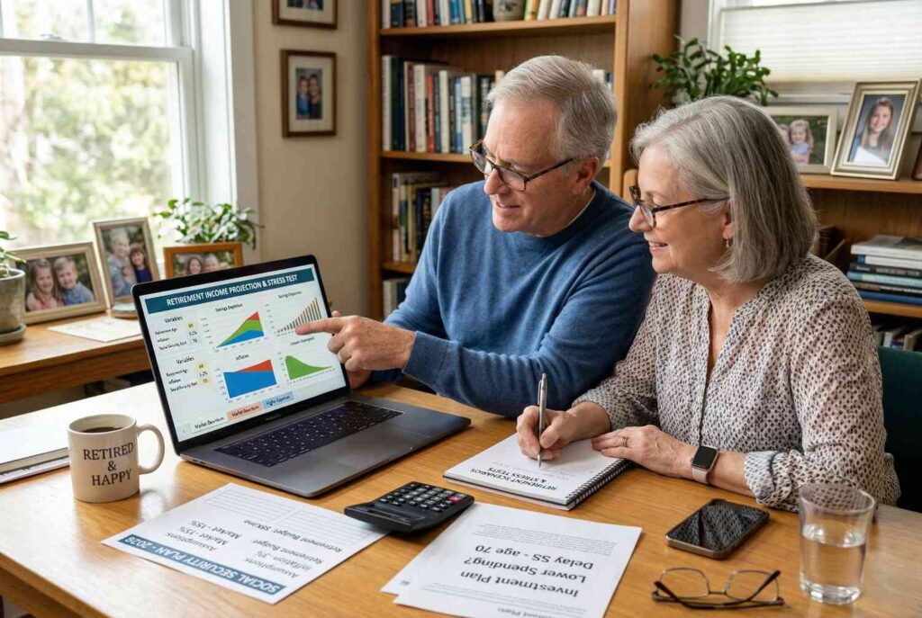 7. Stress-Test Your Plan with Retirement Calculators <p> Retirement calculators are powerful tools that help you see how long your money will last under different circumstances. By inputting your savings, expected expenses, Social Security benefits, investment returns, and inflation estimates, these calculators can project potential outcomes and highlight risks.
Testing different scenarios, like adjusting spending, delaying Social Security, or varying your investment returns, gives you insight into how your plan might hold up. Stress-testing your plan allows you to make proactive adjustments, so you are not caught off guard. It provides clarity and reassurance, transforming the anxiety of uncertainty into informed decision-making. </p> :: Gemini