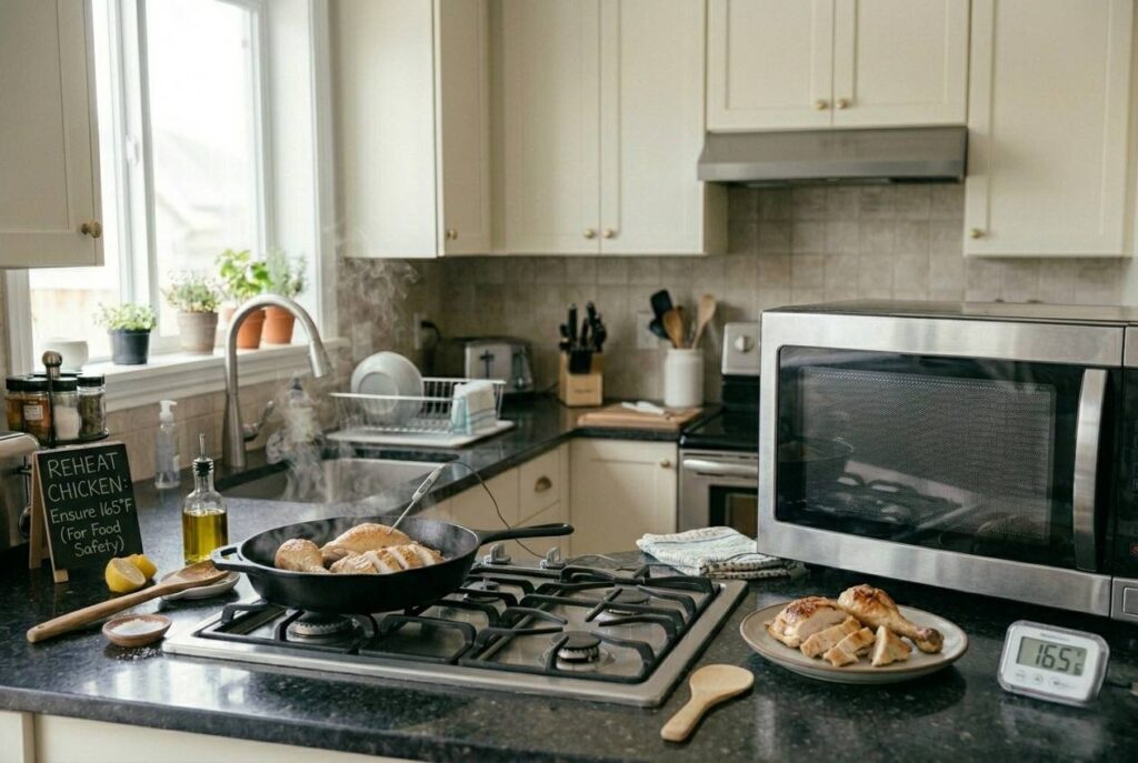 <p> Leftover chicken and other poultry are notorious for reheating problems. Microwaves heat food unevenly, which can leave cold spots where bacteria like Salmonella thrive. For safe reheating, use a stovetop or oven method to ensure the entire piece reaches an internal temperature of 165 degrees Fahrenheit. This not only kills bacteria but also keeps your meat juicy and flavorful. </p> :: Gemini