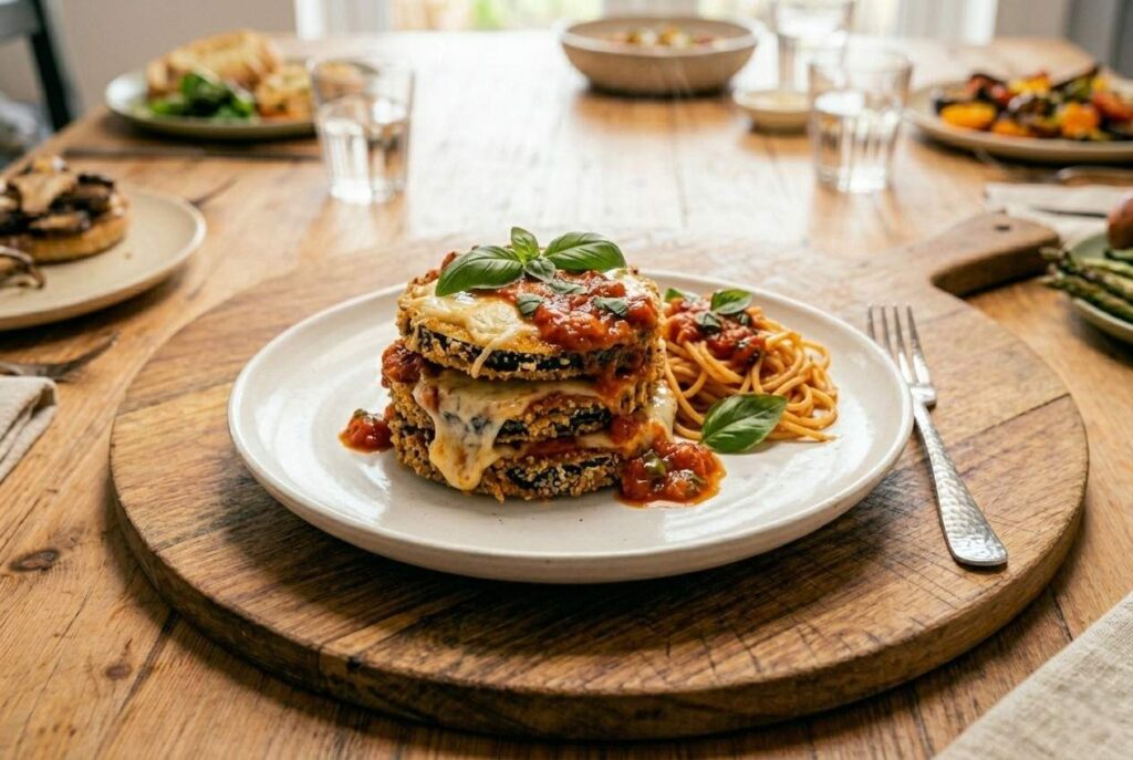 <p> Eggplant Parmesan is a classic comfort dish that most people associate with indulgence. This plant-based version keeps all the richness and layers intact by using breaded and baked eggplant slices paired with plant-based ricotta or mozzarella alternatives. Layered with tangy tomato sauce and baked until bubbly, the result is a dish with tender textures and bold flavors that mimic the traditional version. Served with spaghetti or a fresh salad, these stacks are both visually appealing and deeply satisfying. This recipe is a great way to showcase that plant-based dishes can be indulgent, comforting, and complex in flavor.

For an extra touch, sprinkle nutritional yeast or fresh basil on top before serving to enhance the cheesy aroma and taste. Leftovers reheat beautifully, making it a perfect dish for busy weeknights or meal prep without sacrificing any of its comforting appeal. </p> :: Gemini