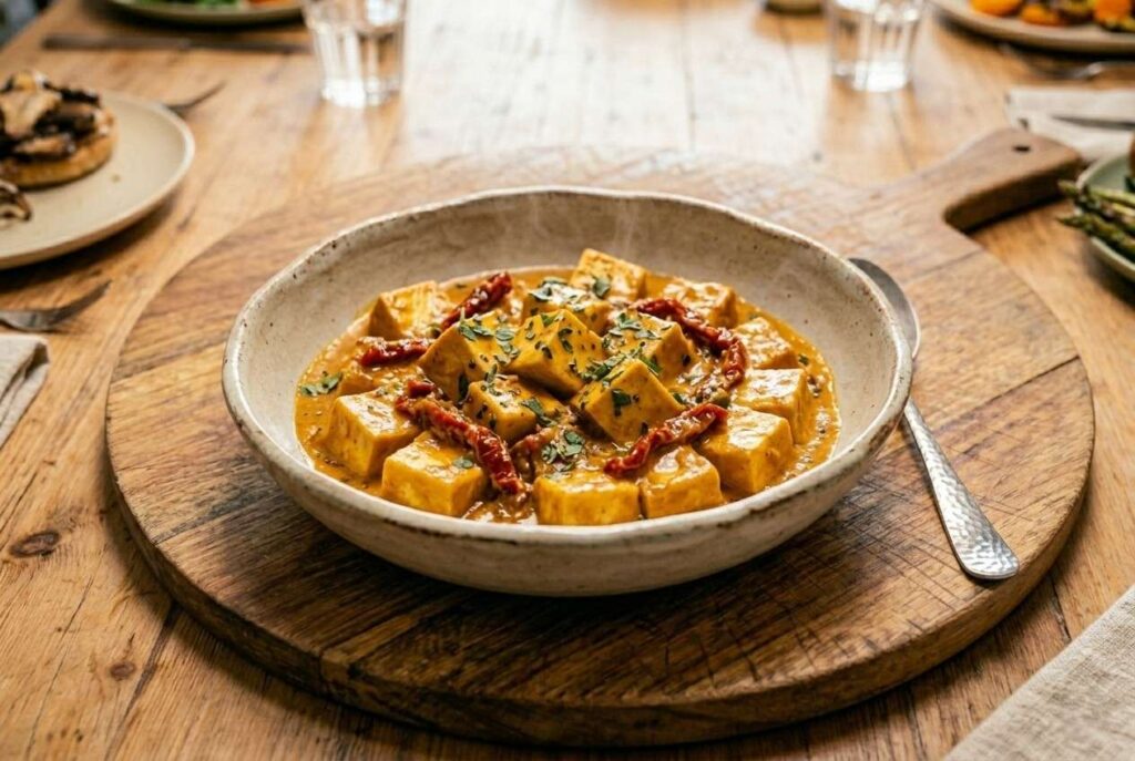 <p> Creamy sauces are often associated with comfort food, and this sundried tomato tofu recipe hits that mark perfectly. Silky tofu absorbs bold flavors from a sauce made with cashews or coconut milk, creating a rich, indulgent base for your meal. Sundried tomatoes add a tangy sweetness and umami depth, making this dish satisfying and hearty. Serve it with pasta or roasted vegetables for a weeknight dinner that feels luxurious and comforting. The creamy texture and robust flavor make it a perfect introduction to plant-based eating for meat lovers who might be skeptical at first. </p> :: Gemini