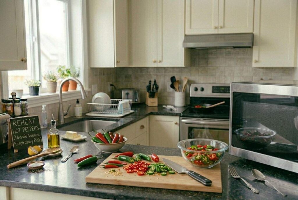 <p> It may seem harmless to zap some peppers in the microwave, but doing so releases capsaicin, the compound responsible for their heat, into the air. Capsaicin vapors can irritate your eyes, nose, and throat, causing coughing, sneezing, and lingering discomfort. Instead, cook hot peppers on the stovetop with proper ventilation or add them fresh to your dish after reheating. </p> :: Gemini