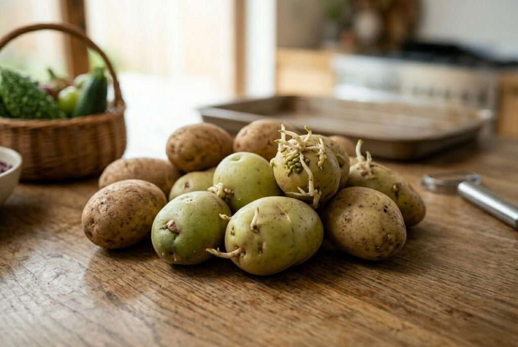 <p> Potatoes are a comfort food classic, but raw potatoes contain natural toxins called glycoalkaloids, including solanine. These compounds protect the potato from pests but can cause nausea, headaches, and digestive problems in humans. Green or sprouted potatoes have higher concentrations of these toxins. Cooking potatoes thoroughly, whether by boiling, roasting, or baking, destroys these compounds and makes them safe to eat. Potatoes are best enjoyed cooked, and removing any green spots or sprouts is essential for safety. </p> :: Gemini