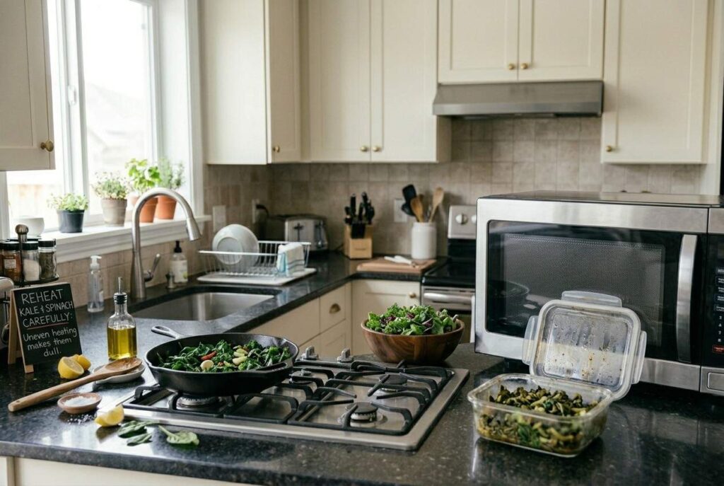 <p> Leafy greens like spinach, kale, and celery contain naturally occurring nitrates. While these compounds are generally healthy, microwaving them can convert nitrates into nitrosamines, which are potentially harmful. This is especially true for vegetables that have been cooked once and are now leftovers. Reheating them unevenly can also leave some parts overly hot while others stay cool, which affects both texture and flavor. To enjoy these greens safely, try steaming, lightly sautéing, or adding them cold to salads instead of reheating them in the microwave. </p> :: Gemini