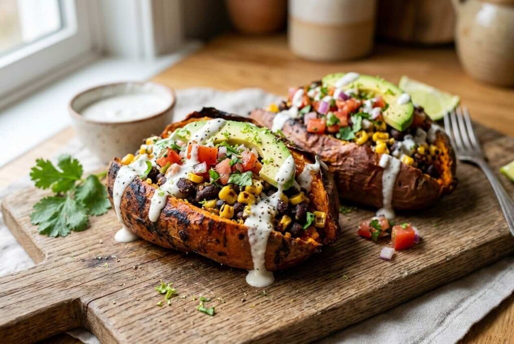 <p> Tacos are universally loved, and this recipe combines that appeal with the comfort of roasted sweet potatoes. Bake sweet potatoes until tender, then stuff them with seasoned black beans, corn, avocado, fresh salsa, and cilantro for a Tex-Mex inspired meal that is both filling and flavorful. The natural sweetness of the potato balances the boldness of the taco spices, creating a dish that is hearty and satisfying. Add toppings like dairy-free yogurt or hot sauce for an extra kick. These stuffed sweet potatoes are visually appealing and packed with flavor, making them a perfect plant-based meal that everyone will enjoy. </p> :: Gemini