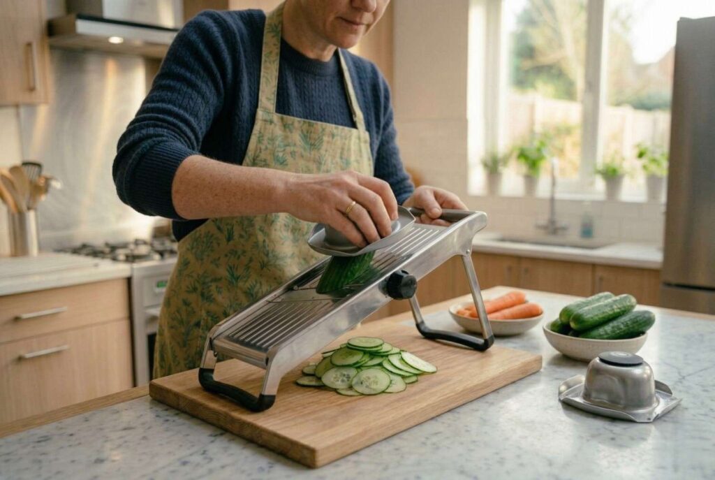 <p> A mandoline slicer can cut prep time significantly by giving you thin, even slices in seconds. Consistent thickness ensures that vegetables cook evenly and helps you avoid the guesswork of chopping by hand. Just be sure to use the safety guard to protect your fingers, and you will wonder how you ever managed without it. </p> :: Gemini